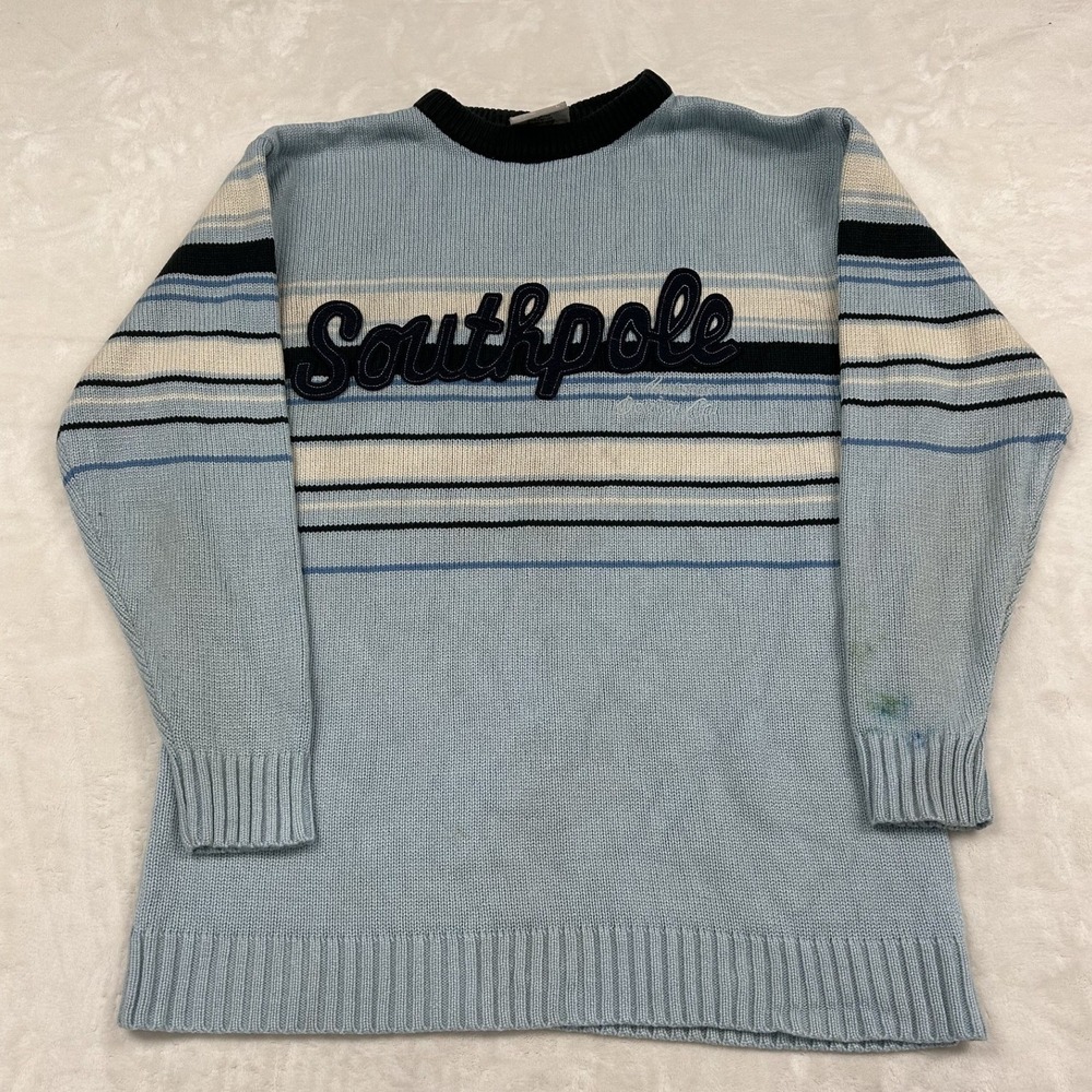 Southpole Knit Sweater Mens Large Blue Striped Crew Neck Y2K Streetwear Logo